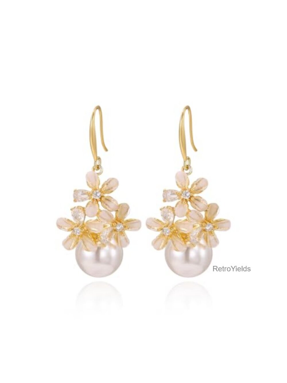 Boho Flower Pearl Drop Dangle Earrings Gold Plated Brass Post Back